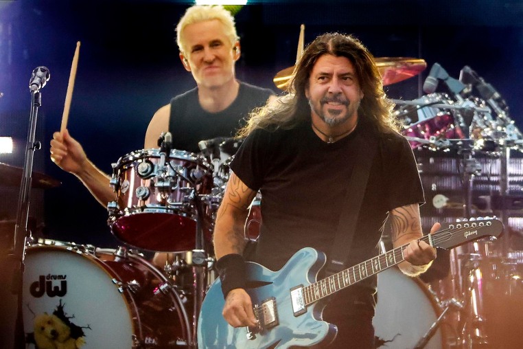 Dave Grohl and drummer Josh Freese perform with the Foo Fighters at Fenway Park on July 21, 2024.
